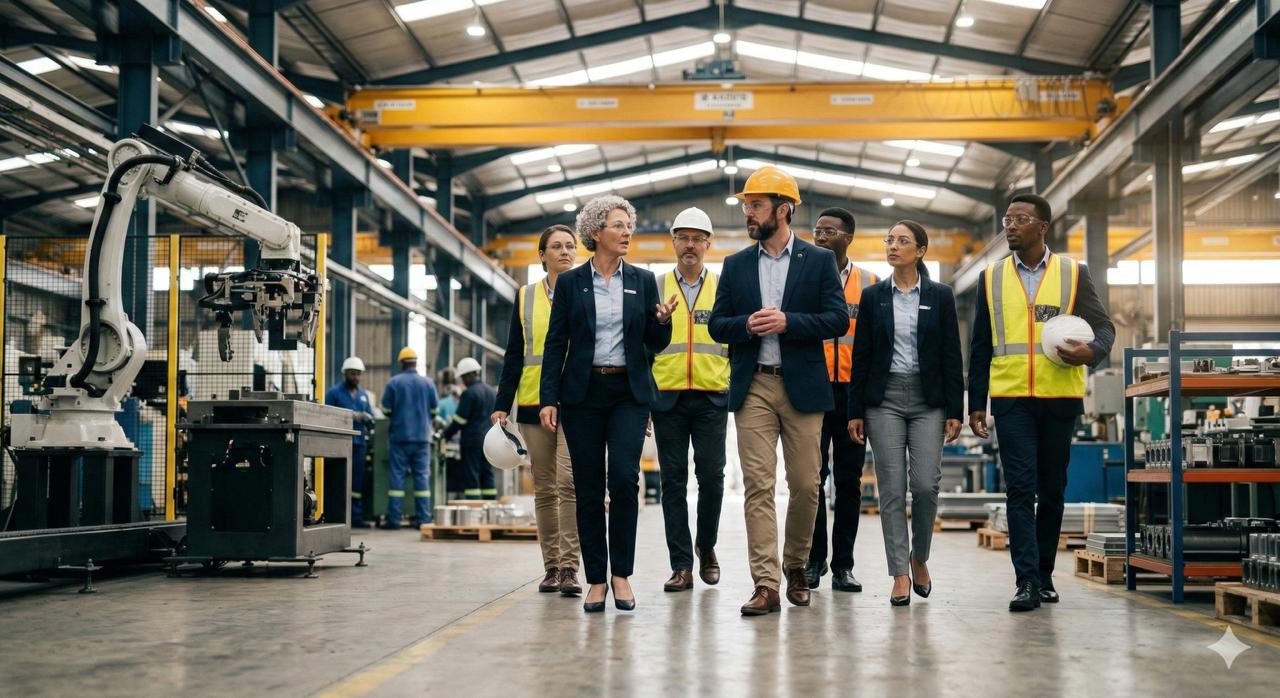 Leadership and operations team walking together on a manufacturing floor